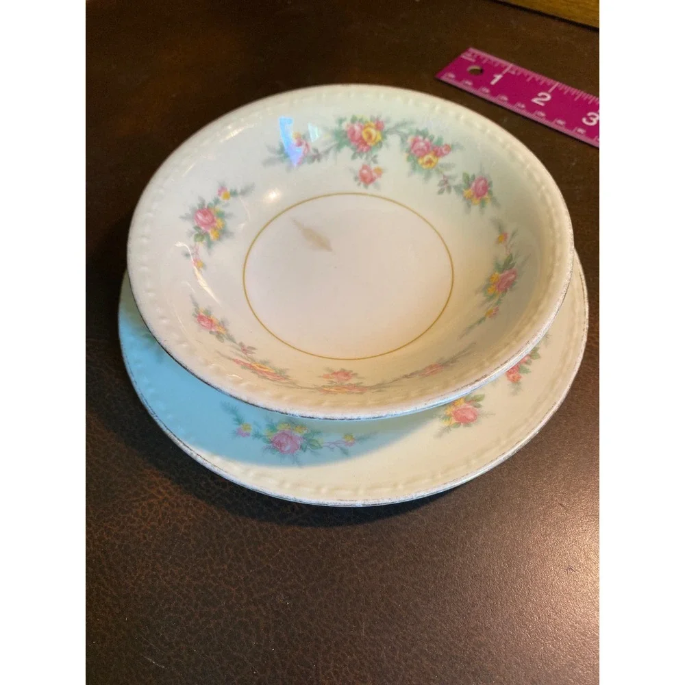 Homer Laughlin Eggshell Georgian Bowl‎ Saucer Set Cream Pink Floral Fair Vintage